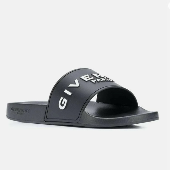 Givenchy Paris Black Logo Embossed Pool Slides Made in Italy